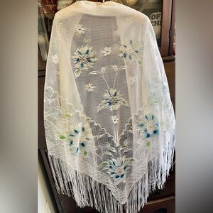 Vintage Lace Shawl with Blue floral design and Fringe